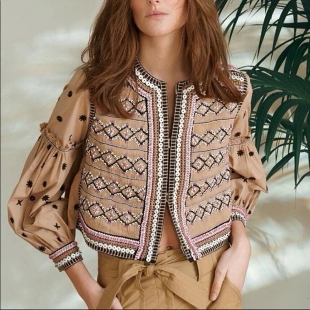 Veronica Beard Jacket Rocci Embellished Beaded Cotton Poplin XS